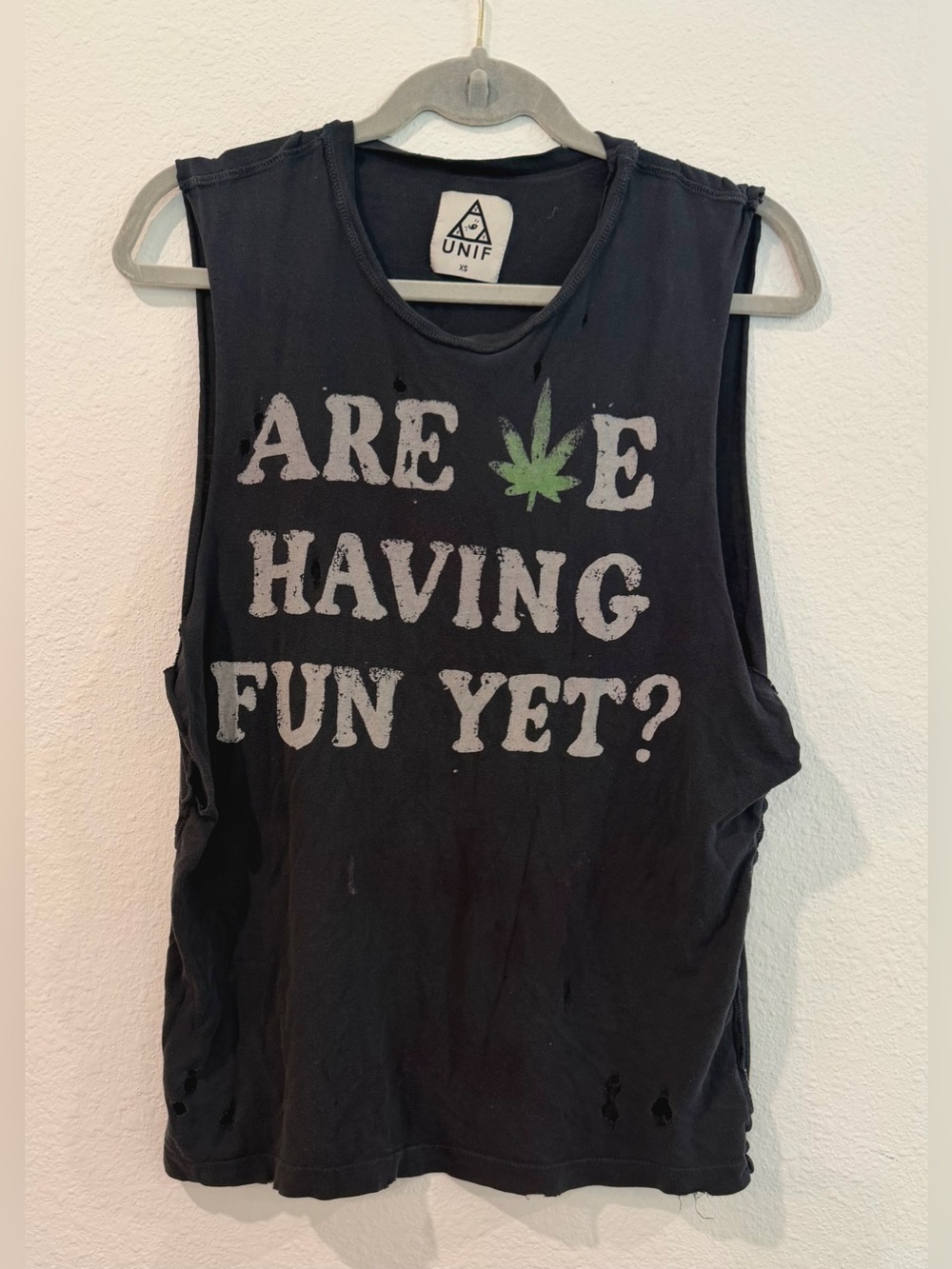 UNIF OG Distressed black Are We Having Fun Yet? sleeveless tank shirt small